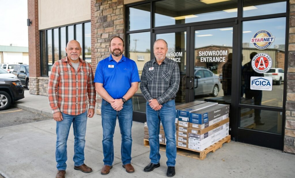 Larry Evaro, Roger Linn, and Phillip Mahoney standing outside the Great Falls Pierce showroom entrance with a pallet of flooring and Starnet, Montana AGC, and FCICA logos on the glass.