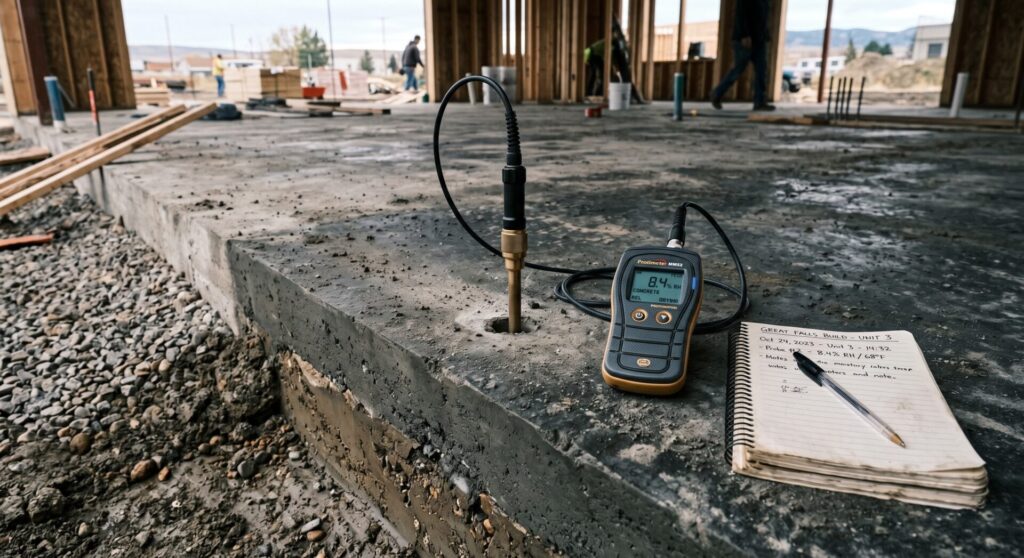 Close-up of a moisture probe and digital meter on a concrete slab in Great Falls, showing an 8.4% RH reading, a contractor's notebook, and the underlying glacial clay subgrade.