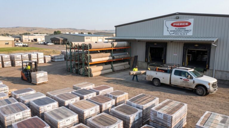 Wholesale flooring yard in Great Falls, MT with pallets of SPC rigid-core, carpet racking, and a delivery truck at the loading dock.