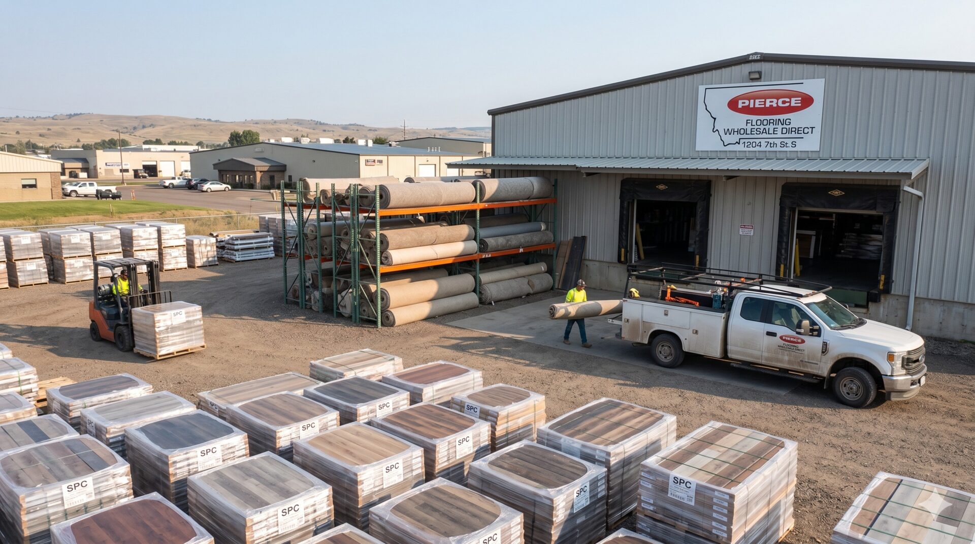 Wholesale flooring yard in Great Falls, MT with pallets of SPC rigid-core, carpet racking, and a delivery truck at the loading dock.