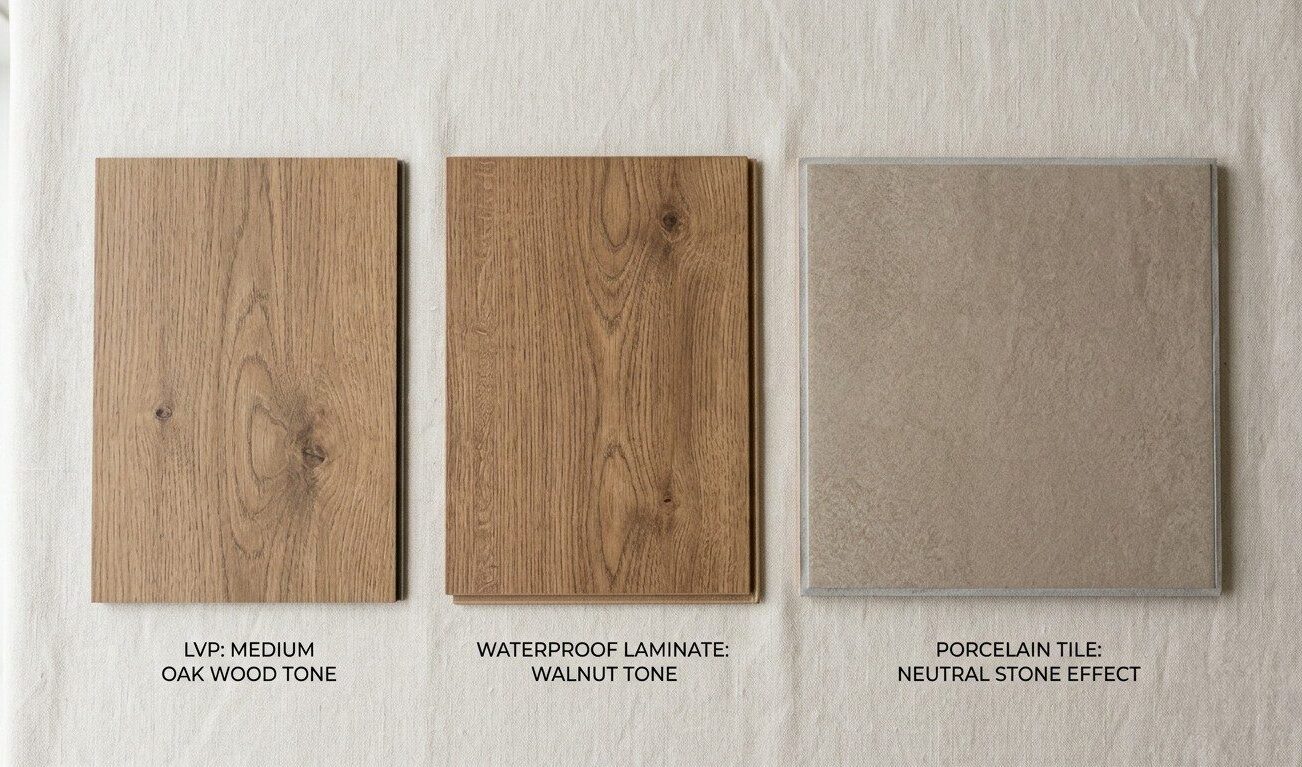 Flooring material comparison for rental properties in Great Falls Montana — LVP, laminate, and tile samples