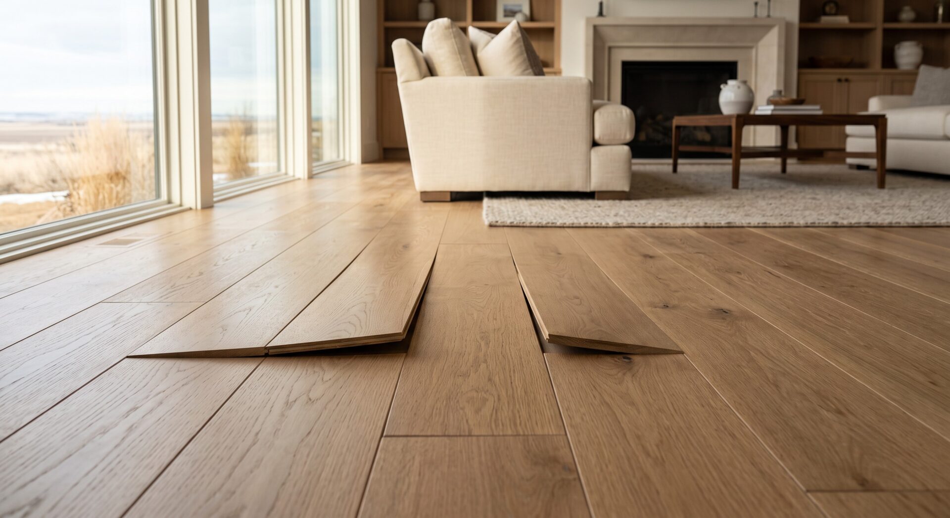 Buckled solid hardwood floor in a Great Falls, MT home caused by chinook humidity swings." Caption: "Buckling like this is often triggered by Montana's rapid humidity changes, not a defective floor.