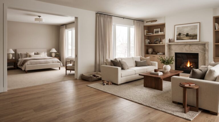 Luxury Great Falls family home featuring durable LVP in the main living area and soft neutral carpet in an adjoining bedroom.