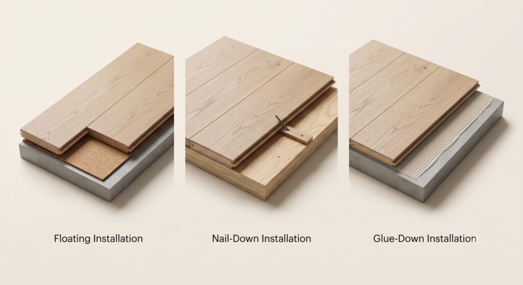 Engineered hardwood installation method comparison diagram: floating, nail-down, and glue-down at Pierce Flooring Wholesale Direct, Great Falls, MT.