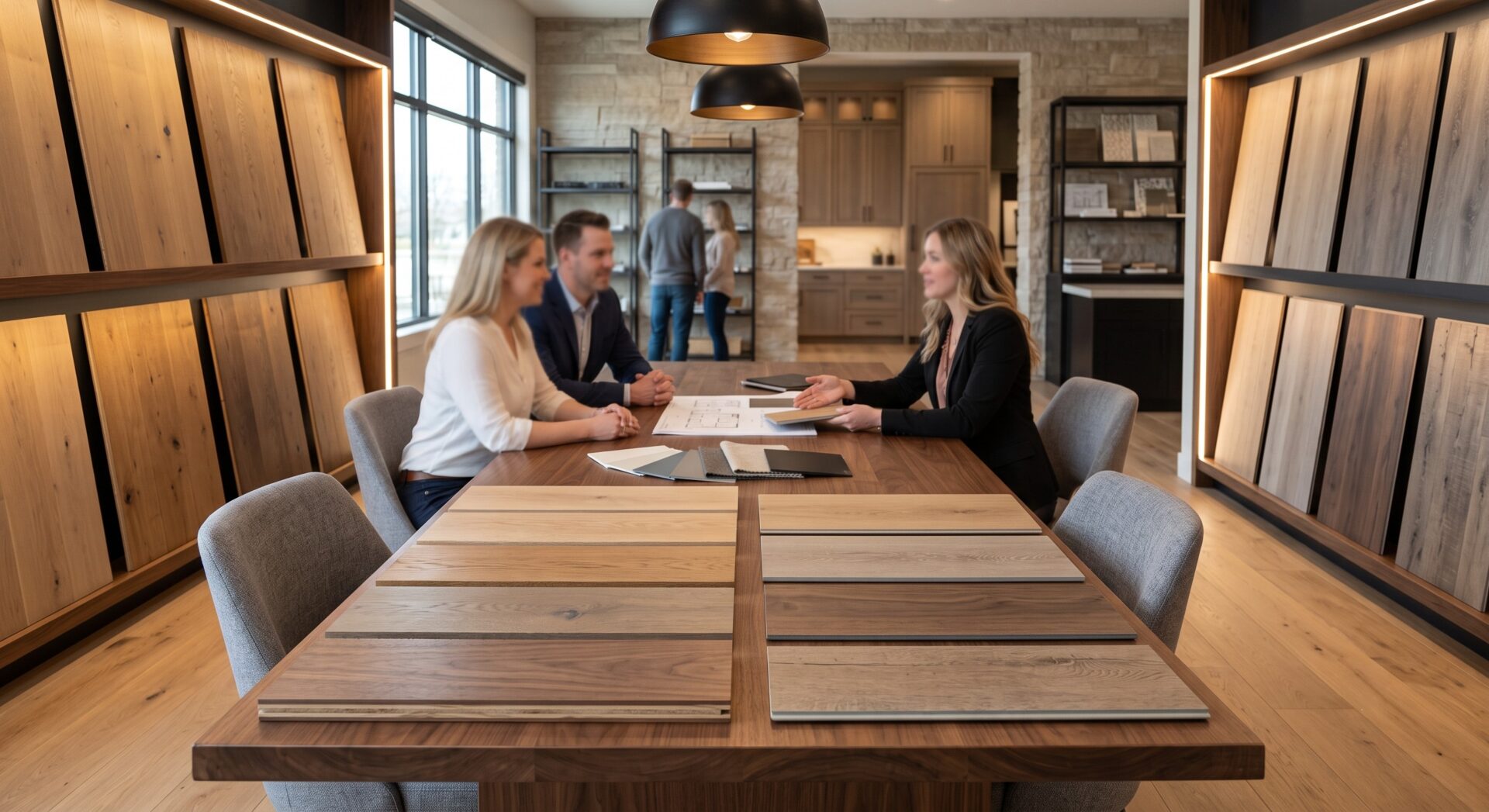Engineered hardwood and LVP flooring samples at Pierce Flooring Wholesale Direct showroom, Great Falls, MT.