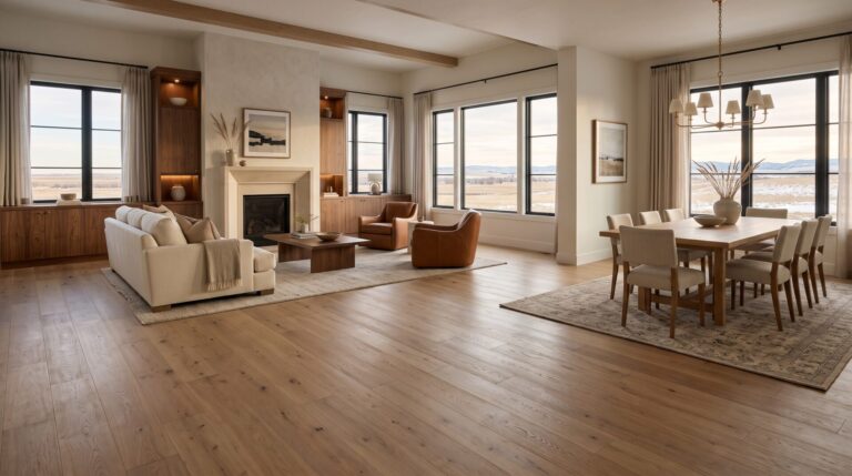 Wide-plank engineered white-oak flooring in a luxury Great Falls living and dining area designed for Montana’s changing humidity.