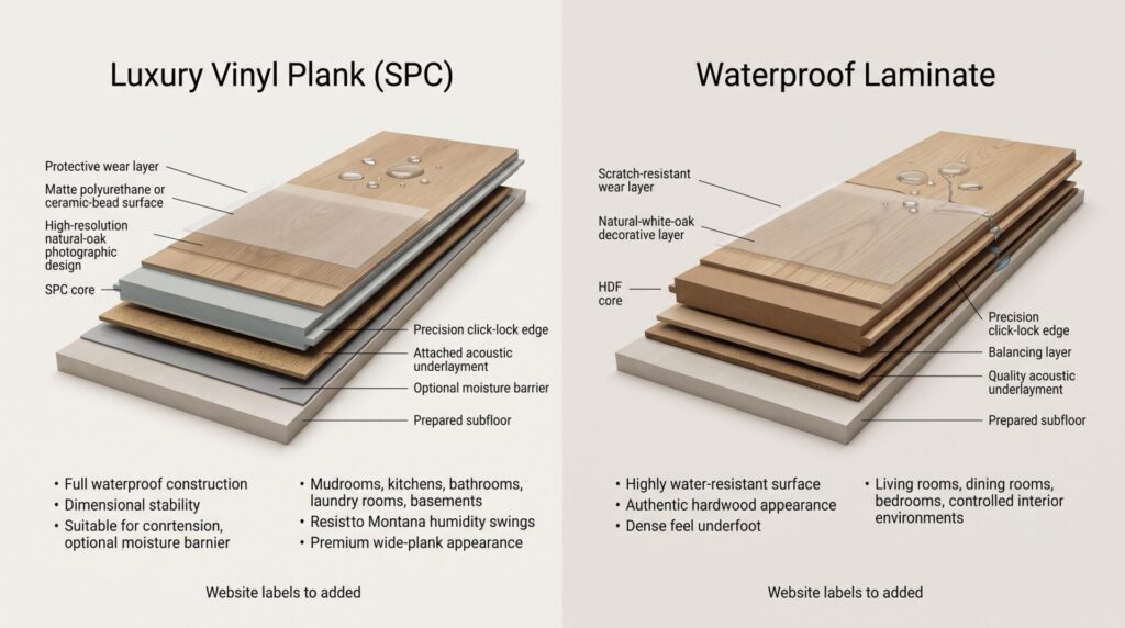 Cross-section diagram comparing LVP with SPC core vs. waterproof laminate with HDF core for Great Falls, MT homeowners.