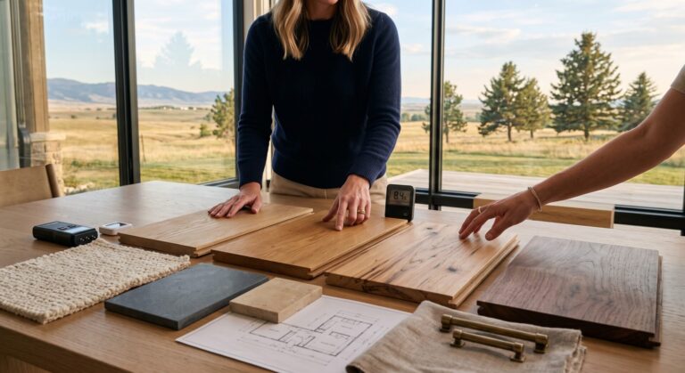 Premium engineered hardwood samples and luxury interior materials being selected for a custom Great Falls, Montana home.