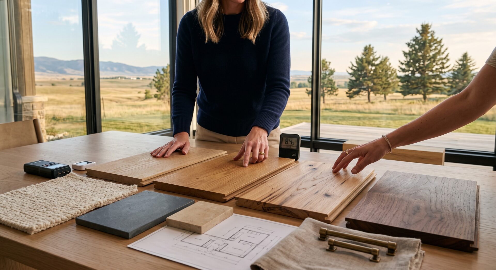 Premium engineered hardwood samples and luxury interior materials being selected for a custom Great Falls, Montana home.