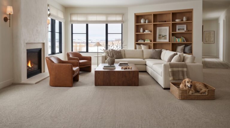 Luxury Great Falls family room with dense stain-resistant neutral carpet, custom built-ins, warm winter lighting, and pet-friendly furnishings.