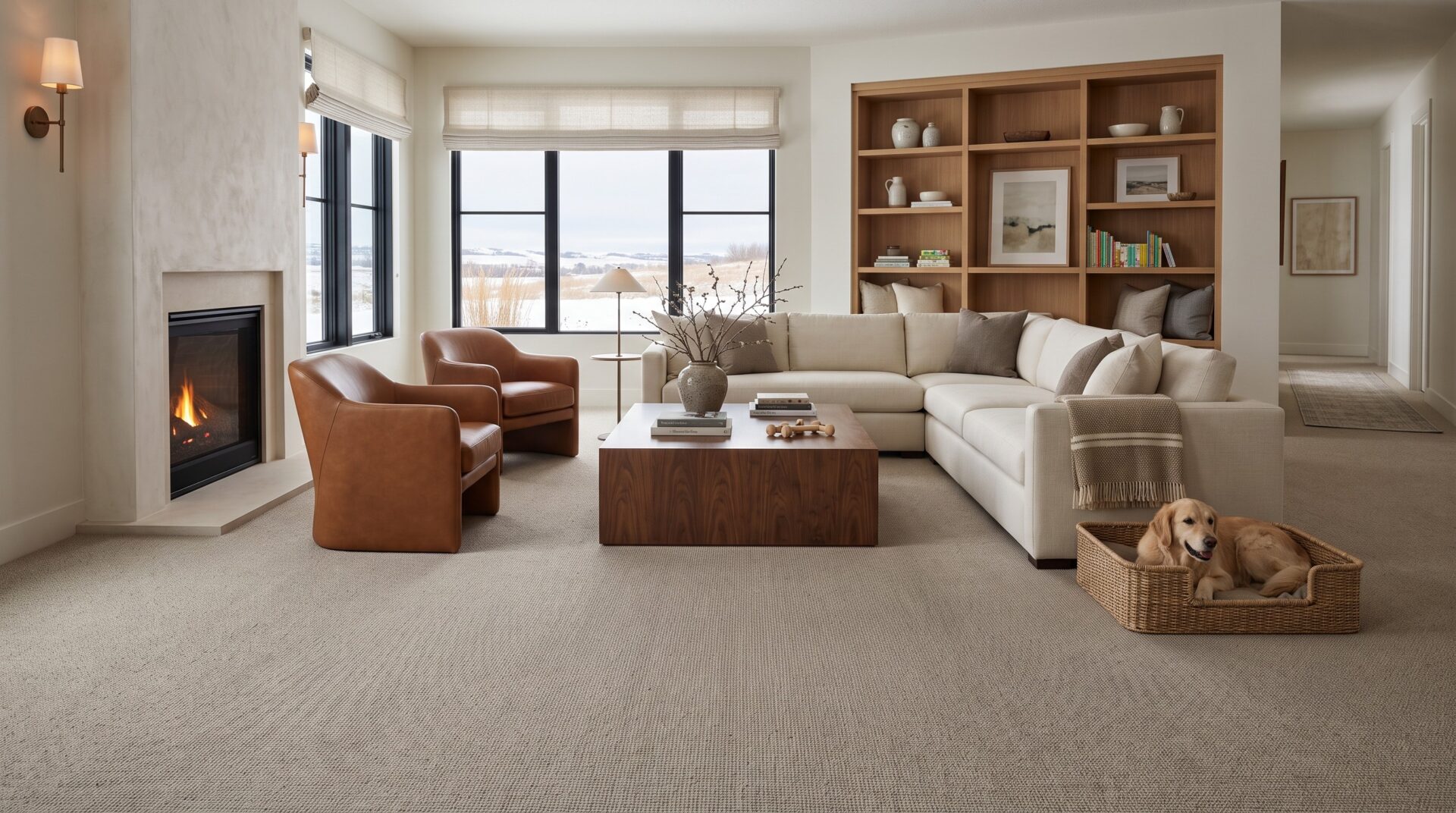 Luxury Great Falls family room with dense stain-resistant neutral carpet, custom built-ins, warm winter lighting, and pet-friendly furnishings.