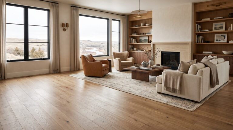 Stable wide-plank engineered hardwood flooring in a luxury Great Falls living room designed for Montana’s changing humidity.