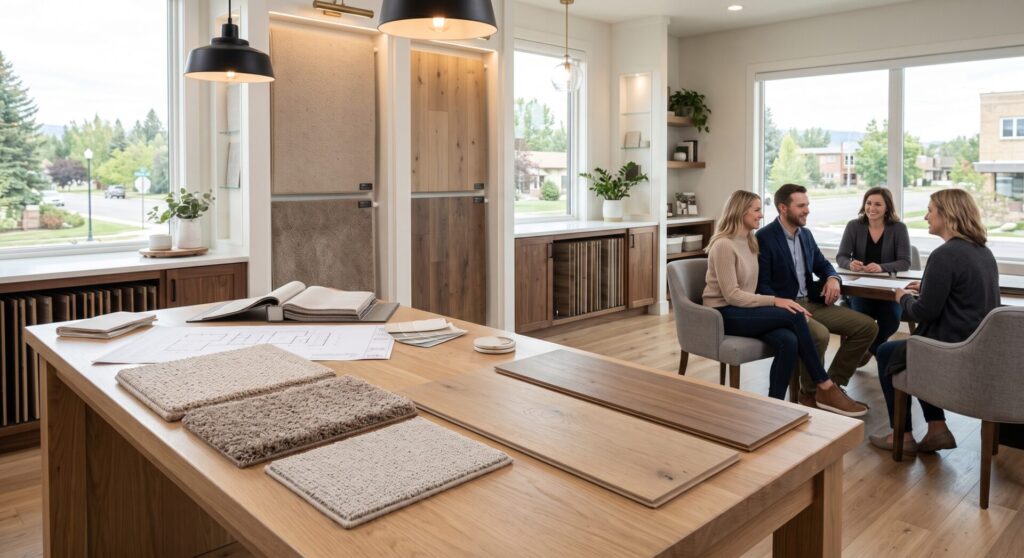Carpet versus luxury vinyl plank flooring samples at Pierce Flooring Wholesale Direct at 1204 7th St S Great Falls MT.