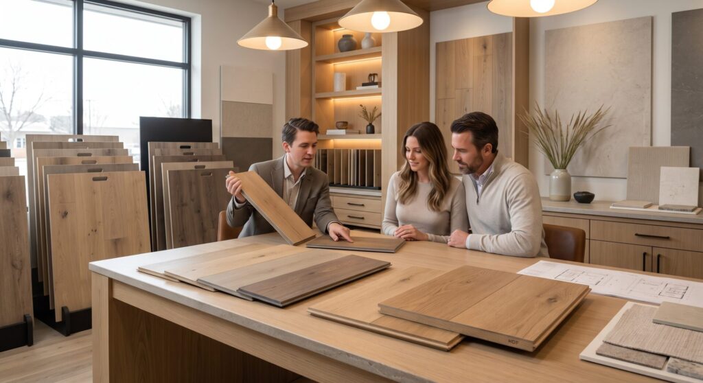 Pierce Flooring Wholesale Direct specialist comparing LVP and waterproof laminate samples with customer at Great Falls, MT showroom.