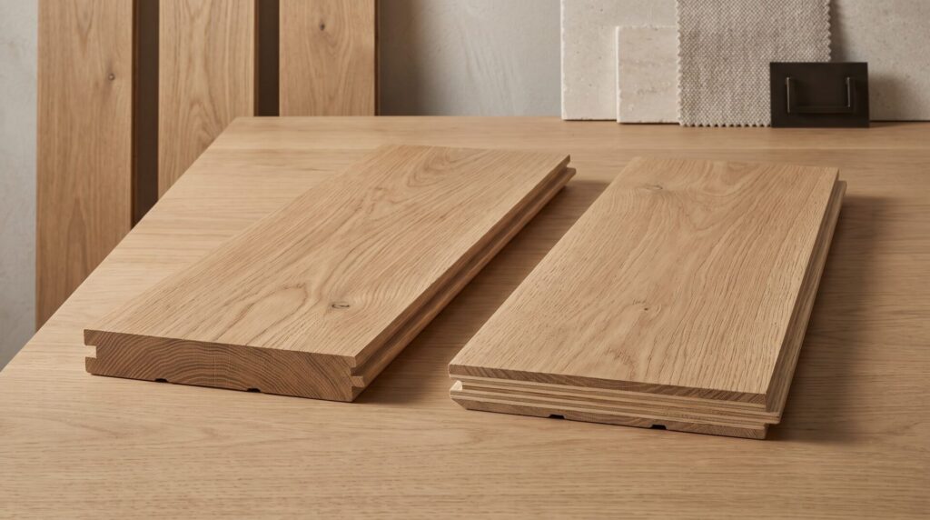 Cross-section comparison of solid hardwood vs. engineered hardwood plank construction at Pierce Flooring Wholesale Direct, Great Falls, MT.