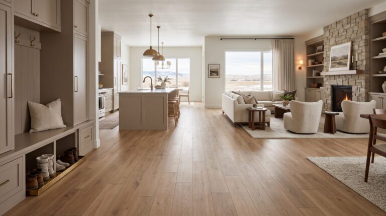 Luxury Great Falls home using waterproof LVP in the kitchen and entry area with coordinating waterproof laminate in the living room.