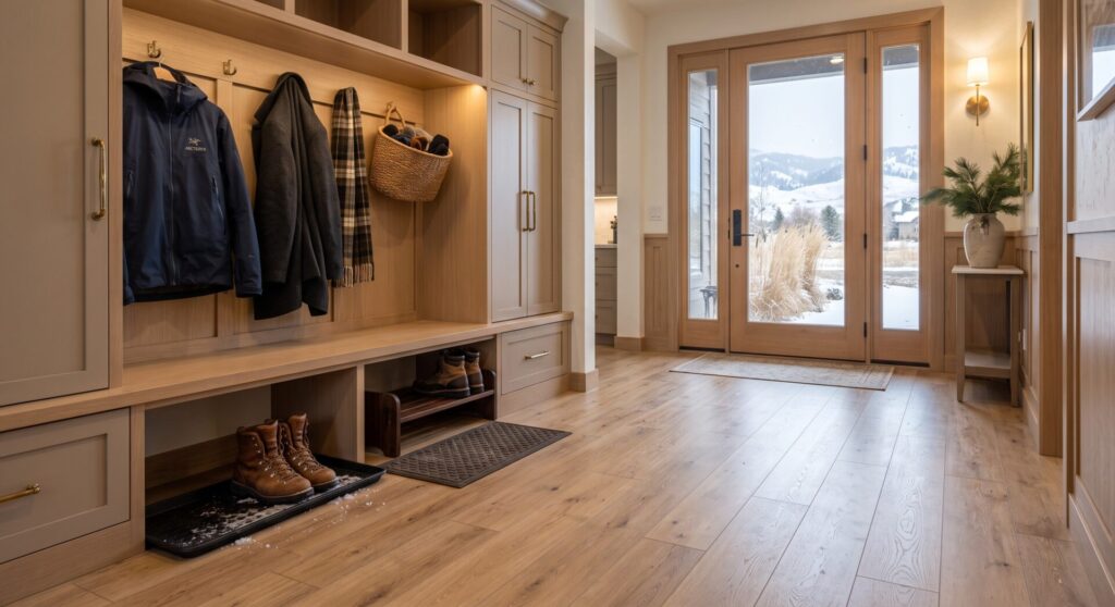 Durable LVP flooring in a Great Falls MT home entryway ideal for Montana mud season and wet boots.