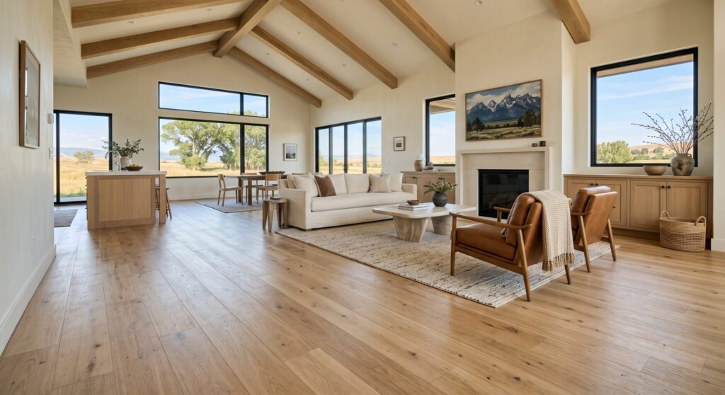 Wide-plank engineered hardwood flooring installed in a Great Falls, MT ranch-style home by Pierce Flooring Wholesale Direct.