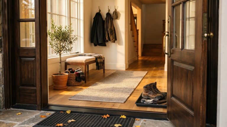 Fall-prepped entry zone at a Great Falls, MT home with entrance mats and clean hardwood floor before Montana winter.