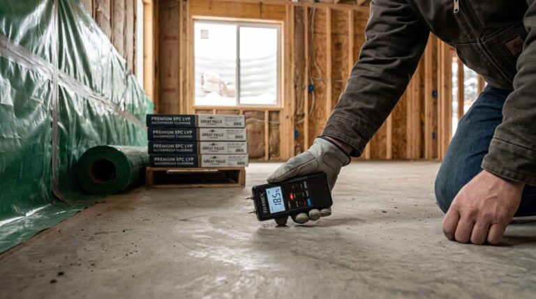Subfloor moisture testing in a Great Falls, MT basement before flooring installation by Pierce Flooring Wholesale Direct specialist.