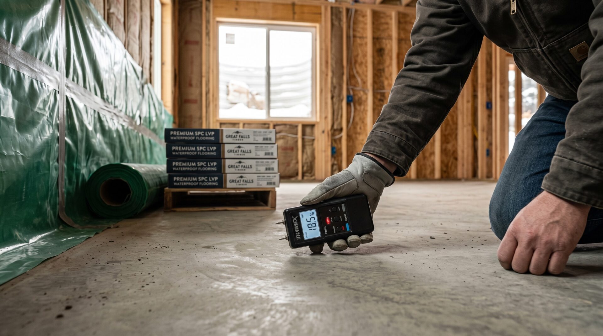 Subfloor moisture testing in a Great Falls, MT basement before flooring installation by Pierce Flooring Wholesale Direct specialist.