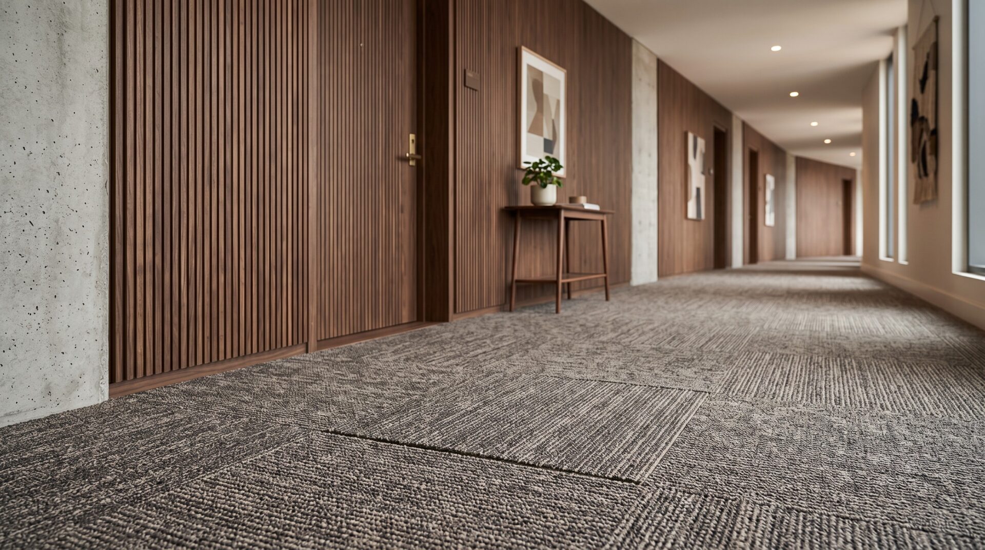 Commercial carpet tile installation in a Great Falls, MT multi-unit building by Pierce Flooring Wholesale Direct.