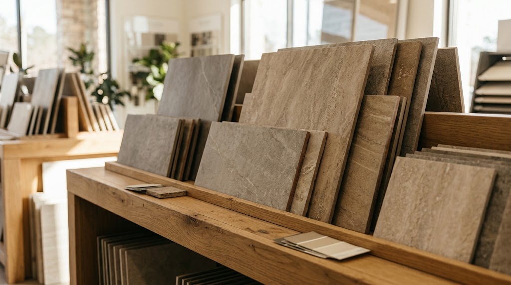 Large-format porcelain kitchen floor tile samples at Pierce Flooring Wholesale Direct, Great Falls, MT.